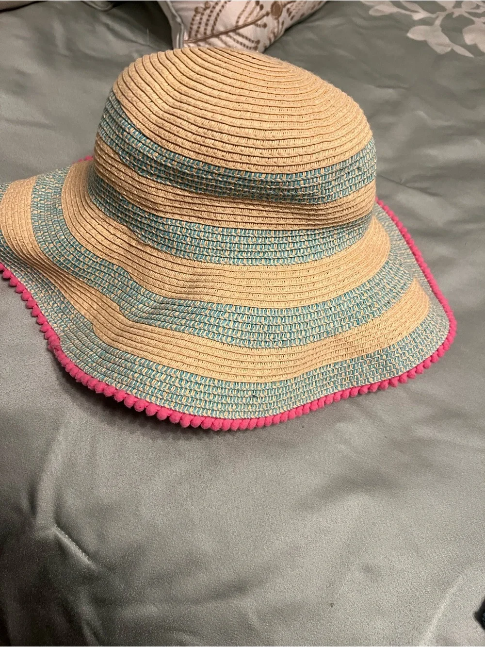 Kids girls Striped Straw Sun Hat with Pink Pom Trim